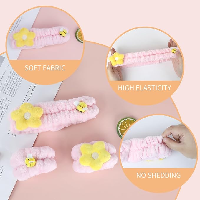 PERFECTSIGHT Kawaii Headband for Spa, Makeup, Washing Face, Party - 2 Pack Cute Hair Band for Shower Beauty Skincare, Soft Facial Headbands for Girls and Women (Pink Flower Bee)