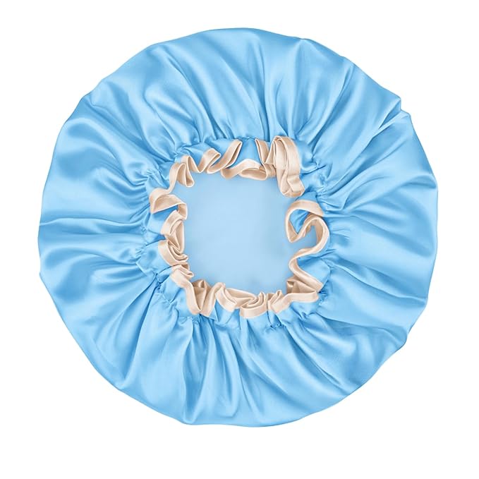 Waterproof Shower Caps for Women, Solid Color Dual-Layer Elastic Band Design Bath Hair Hat, Protects Hair In Shower, Spa, Cooking, Clean & Travel (Blue)