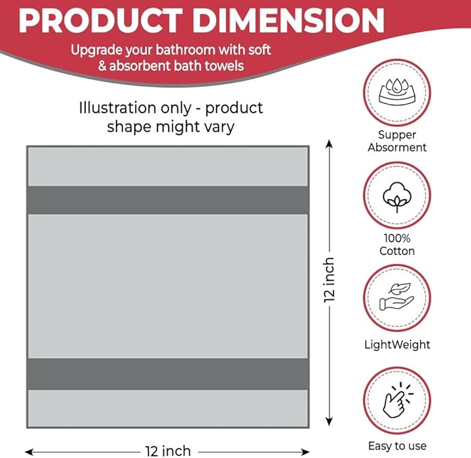QUBA LINEN 100% Cotton Washcloth Set – Soft, Absorbent Face Towels for Bathroom & Gym Use – Durable & Reusable Wash Cloths - Dark Grey, White & Burgundy, 12x12 Inches, Pack of 12