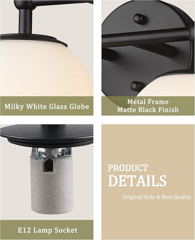 AKEZON 2-Light Black Bathroom Vanity Light Fixture, Modern Minimalist Vanity Lights with Milky White Glass Globe Shade, Wall Sconce Over Mirror Lighting for Bathroom Dressing Table Bedroom Living Room