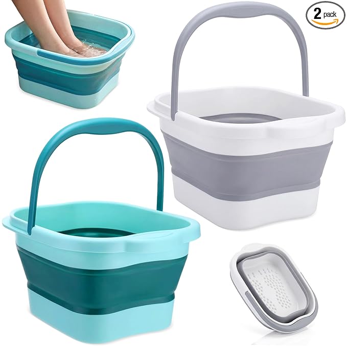 2 Pack Collapsible Foot Bath Plastic Foot Soaking Tub Portable Feet Bucket with Handles and Massage Acupoint for Feet Care Routine Home (Green and White)