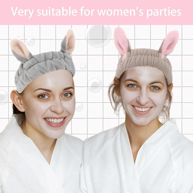 musejoy 2 Pcs Headband Bunny Ears Headband Cute Spa Headbands for Washing Face Skincare Makeup Headbands for Women Girls Trendy Stuff Present Soft Coral Fleece Hair Accessories(Grey+Dusty Pink)