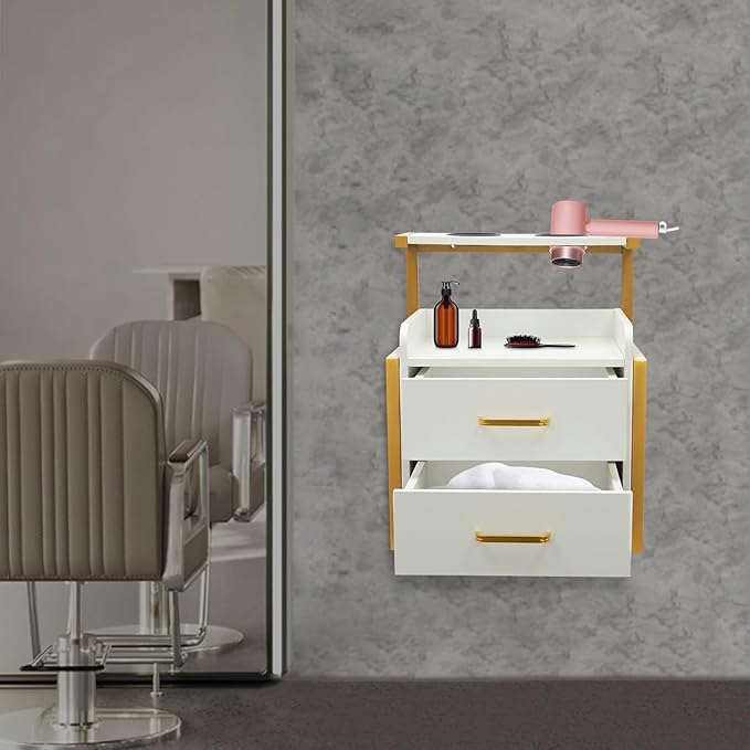 Salon Cabinet, Salon Storage Organizer with 2 Drawers, 110.23Lbs Load Capacity Salon Wall Cabinet, Hanging Styling Station Equipment for Spa, Barber Store, Locker Room, Bathroom (Gold＋White)