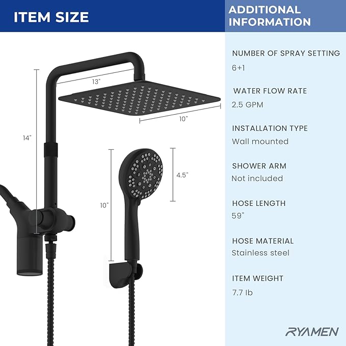 Ryamen Upgraded Dual Shower Heads Combo, 10 inch Filtered Shower Head with Handheld, 3-Way Rain Shower Head with Filters, 7 Settings Handheld Spray, High Pressure, Height Adjustable (Black)