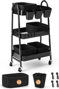 3-Tier Rolling Utility Cart with 4 Woven Baskets, Diaper Book Snack Cart, Storage Organizer for Nursery, Kitchen, Craft Room, Home SPA, Living Room, Metal Frame Trolley on Lockable Wheels, Black