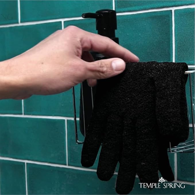 Temple Spring Exfoliating Gloves for Men & Larger Hands – Extra Large XL Textured Rayon Bamboo Shower Gloves with Thicker Weave for Deep Cleansing, Dead Skin Removal & Smooth Skin (1 Pair, Black)