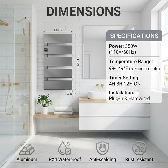 Electric Towel Warmer, Heated Towel Rack with Thermo Control and Timer, Fast Heating Towel Rail for Bathroom with Memroy Function, Work with Smart Plug, Left-Wiring, 5 Panel, Gun Gray