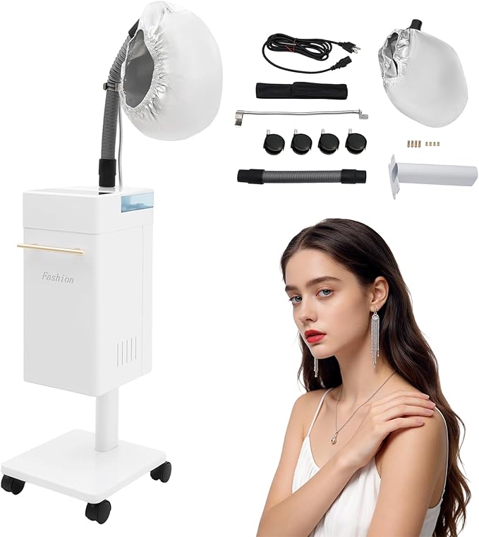 600W Vertical Nano Hair Steamer Dyeing Machine, Hair Oil Machine Freestanding Ozone Micro Mist Hair Steamer with Steam Cap and Hose Attachment for Salon Spa Equipment (White)