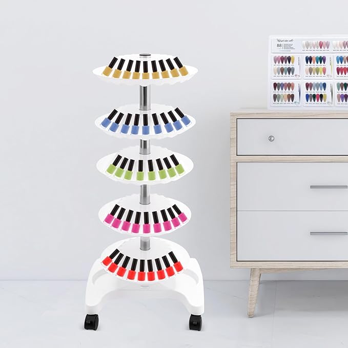 Nail Polish Trolley Organizer, 5 Tiers 360° Rotating Tray Nail Polish Spinning Rack Display Stand with Wheels, Display Rolling Cart for Spa Home Use