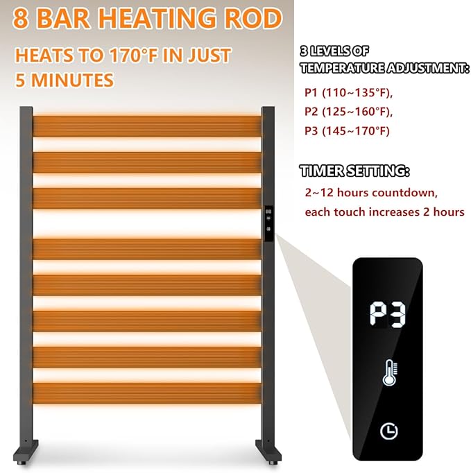 Verida Towel Warmer for Bathroom, Heated Towel Rack, Upgraded Extra-Wide Heating Area, Built-in Timer and Temperature Adjustment, Large Free-Standing Heated Towel Racks, Black 8 Bar Large