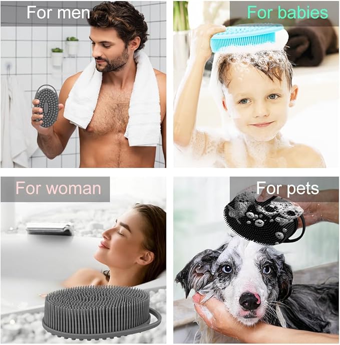 3 Pack Silicone Body Scrubber, Soft Silicone Loofah Silicone Body Brush Exfoliating Body Scrubber, Bath Shower Scrubber for Body, 2 in 1 Bath and Shampoo Wash Brush for Skin Exfoliation Men Women