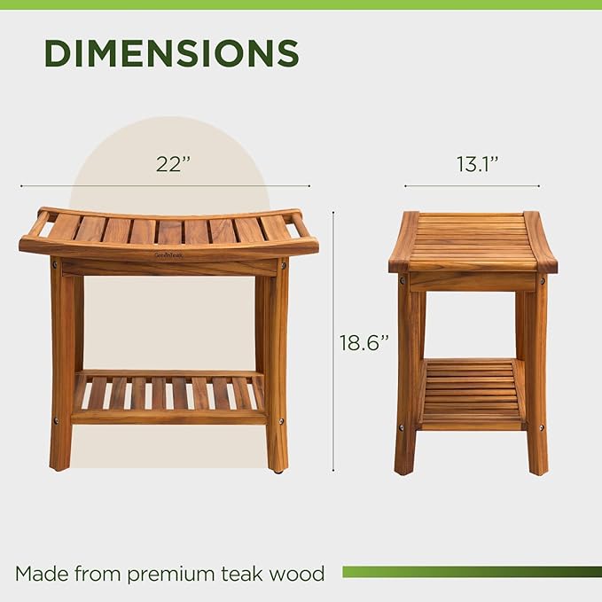 Premium 22" Teak Wood Shower Bench with Shelf, 2-Tier Waterproof Teak Shower Stool, Non-Slip Feet for Enhanced Safety, Spa Bath Seat for Bathroom, Indoor & Outdoor Use, 300 lb Capacity