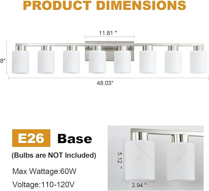 8-Light Bathroom Light Fixtures, Modern Vanity Lights, Brushed Nickel Metal Wall Lamp with White Marble Glass for Bathroom, Mirror, Living Room, Bedroom, Cabinet, Porch, Hallway, E26 Base