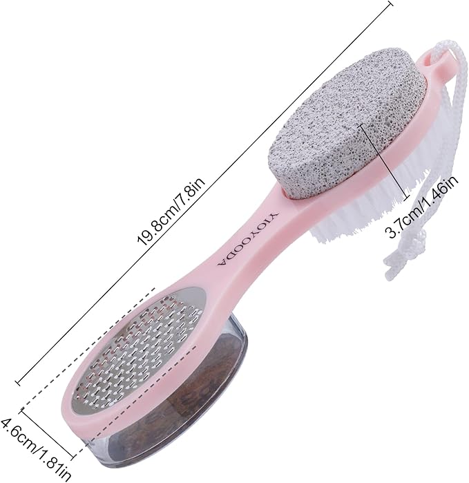 Foot File Callus Remover 5-in-1, 2 Pcs Feet Scraper Pedicure Tools with Pumice Stone, Scrubber Brush, Stainless Steel Foot Rasp and Sand Paper Debris Catcher, Multi Purpose, Pink Cyan