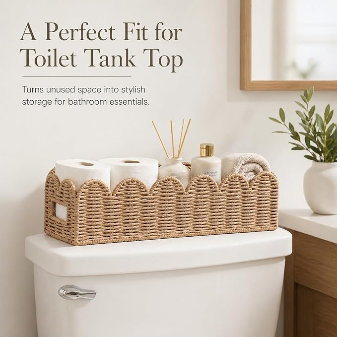 Scalloped Khaki Toilet Tank Basket for Back of Toilet, Wicker Bathroom Tray for Toilet Paper Storage, Bathroom Organizer for Tank Top, Countertop & Small Spaces