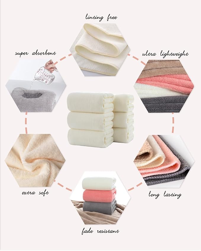 Lumimi Towels 6 Piece Soft Microfiber Bath Towel Set Salon Gym Yoga Travel Incredibly Absorbent Lightweight Quick Dry and Durable, 55" L x 27" W, Mega 6 Pack Cream White