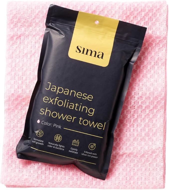 Sima Brand Exfoliating Washcloth Face & Body Scrub Towel - Japanese Exfoliating Towel with Hexagon Fibers, Body Scrubber with 2 Sides for Scrubbing & Washing, Extra Long Towels (White, 2 Pack)