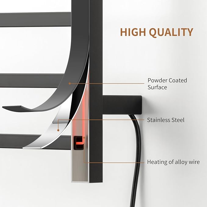 Wall Mounted Towel Warmer Square 10 Bars with Plug-in and Hardwired Options 3 Working Modes Black Stainless Steel 21" W 34" H