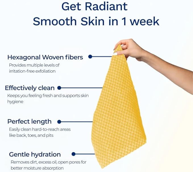 Sima Brand Exfoliating Washcloth Face & Body Scrub Towel - Japanese Exfoliating Towel with Hexagon Fibers, Body Scrubber with 2 Sides for Scrubbing & Washing, Extra Long Body Towels (Yellow)
