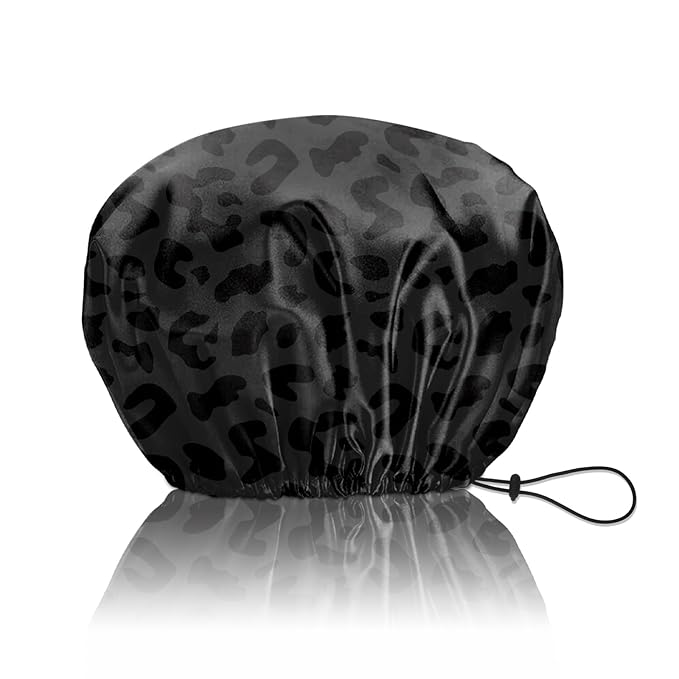 Shower Cap Reusable Double Layer Adjustable Elastic Waterproof EVA Hair Bath Caps for Women Girls Cute Aesthetic-Black Leopard