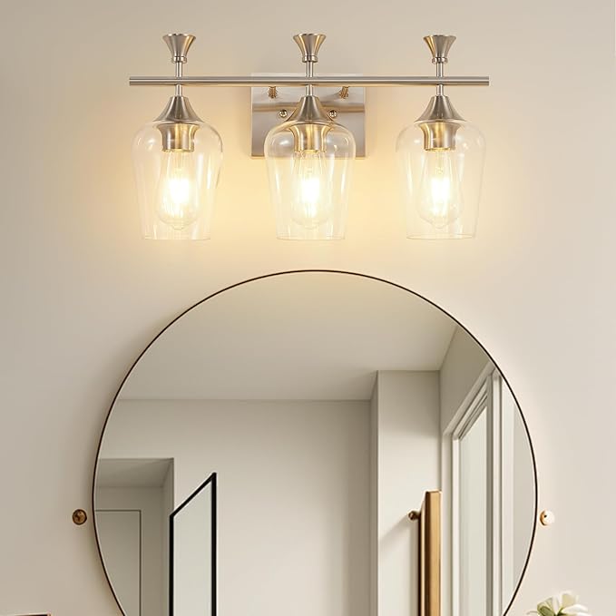 Bathroom Light Fixtures (3-Light, 19 Inch), Brushed Nickel Vanity Lights for Bathroom with Clear Wine Glass Glass Shade, Modern Vanity Wall Lights for Mirror Bedroom Living Room Kitchen Hallway Porch