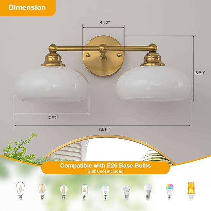 GoYeel Bathroom Light Fixtures Over Mirror, Vintage Gold Double Arm Vanity Lighting Fixtures 2 Light Antique Wall Light Fixture with Glossy Milk White Glass Shade for Bathroom, E26 Base