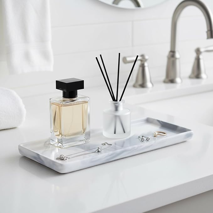 Bathroom Counter Organizer, 9.3"x3.7" Ceramic Bathroom Tray, Rectangle Decorative Tray Vanity Tray, Candles Perfume & Jewelry Storage for Spa, Bedroom, Kitchen (Marble Gray)