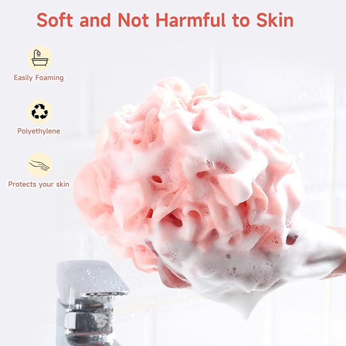 Luffa Loofah Sponge Shower Loofahs 50g Shower Bath Sponges Exfoliating Mesh Pouf Mesh Balls for Body Wash Back Scrubber Bathroom Men Women Soft Scrubber Cleaning Bathing Accessories Tool (6Colors)