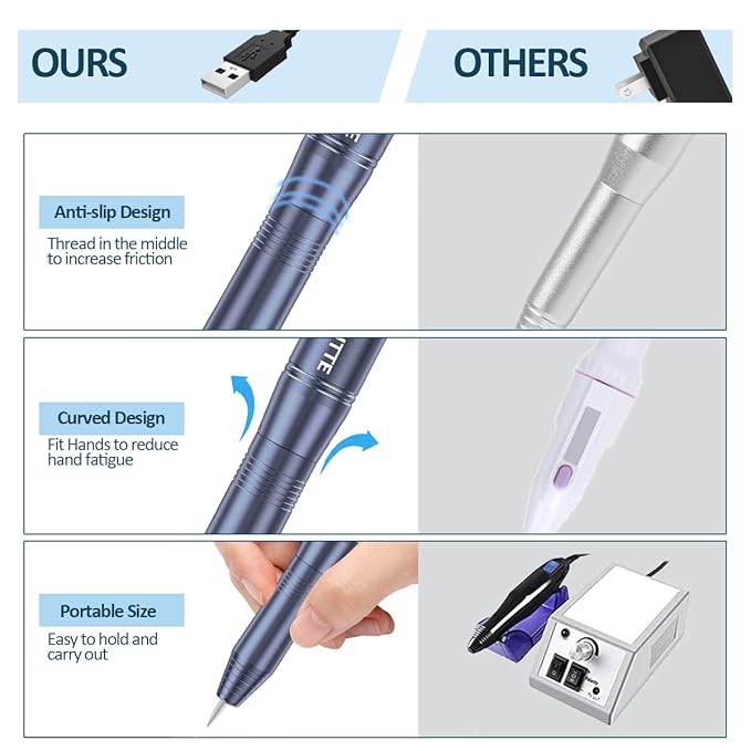 COSITTE Electric Nail Drill,USB Electric Nail Drill Machine for Acrylic Nails,Portable Electrical Nail File Polishing Tool Manicure Pedicure Efile Nail Supplies for Home and Salon Use, Gray