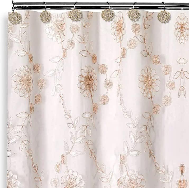 Zahari Home 13pc Rose Vine Bathroom Sheer Shower Curtain Sets Sheer Shower Curtain & 12 Shower Bathroom Hooks Modern Classic Luxury Contemporary Decor Beige Shower Curtain Set - Image 3