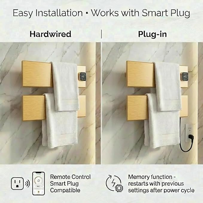Electric Towel Warmer, Heated Towel Rack with Thermo Control and Timer, Fast Heating Towel Rail for Bathroom with Memroy Function, Work with Smart Plug, Right-Wiring, 2 Panel, Gold