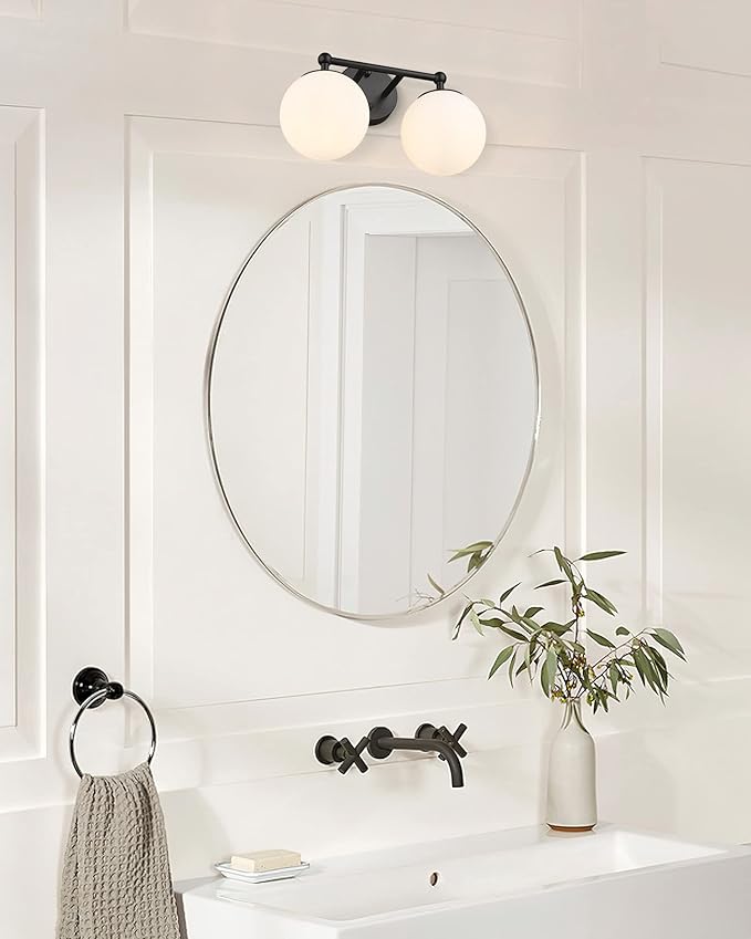 AKEZON 2-Light Black Bathroom Vanity Light Fixture, Modern Minimalist Vanity Lights with Milky White Glass Globe Shade, Wall Sconce Over Mirror Lighting for Bathroom Dressing Table Bedroom Living Room