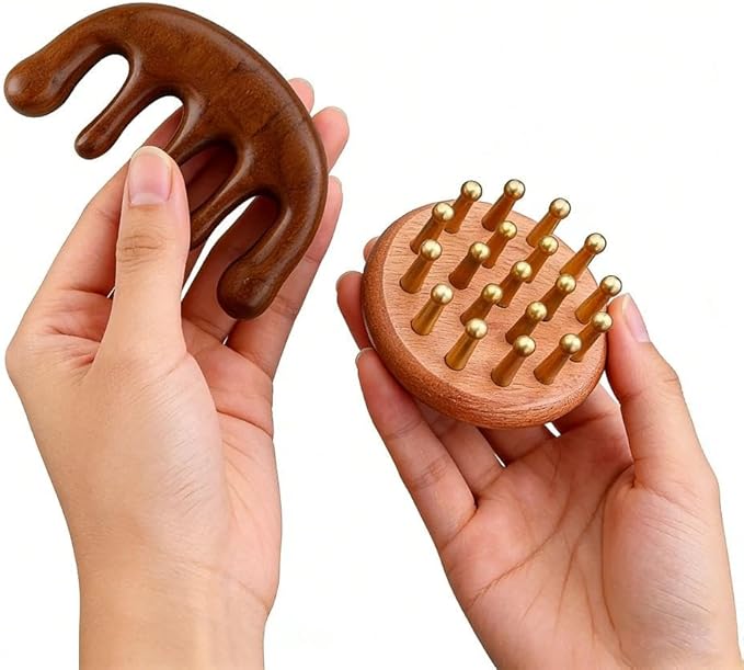 Scalp Massager for Hair Growth, Two-Piece Set-Manual Head Scrubber with Sandalwood, Portable Handheld Tool for Scalp Care & Relaxation, Stress Relief Brush for Home and Travel Spa Experience