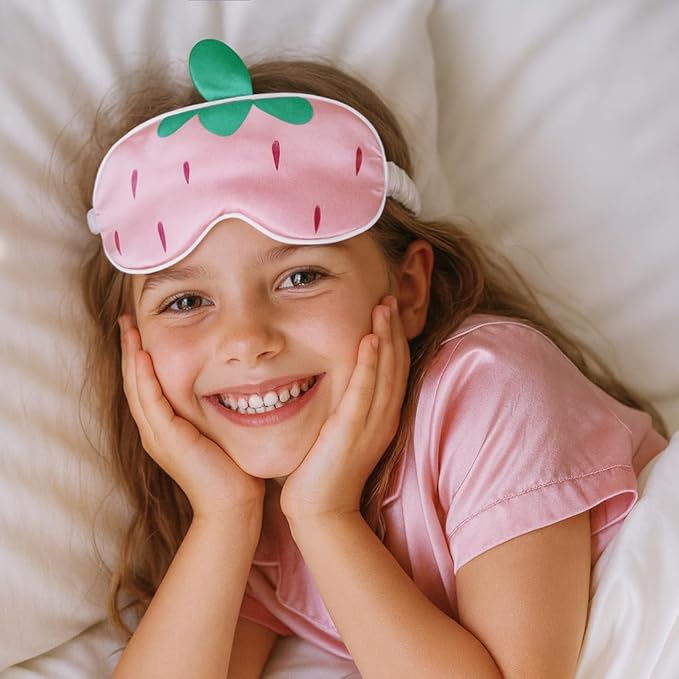Orose Kids Silk Sleep Mask Cute Adjustable Original Design for Boys & Girls, Double-Sided Mulberry Silk, Cartoon Pattern, Toddler Eye Mask (Strawberry)