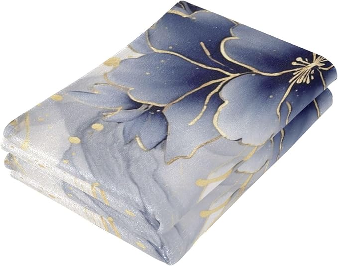 Abstract Blue Golden Floral Leaves Hand Towels for Bathroom Set of 2,Navy White Marble Floral Decorative Bathroom Towels for Bath,Face,Hair,Soft Absorbent Dish Towels for Kitchen Decor 28"x14"