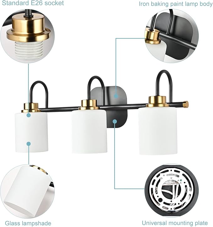 Mid Century Modern Matte Black and Gold 3 Lights Milky Glass Wall Light Fixture for Bathroom Modern Bathroom Vanity Lights Over Mirror(Exclude E26 Bulb)