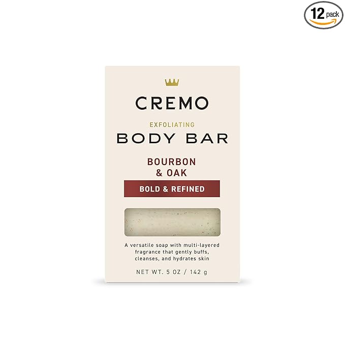 Cremo Exfoliating Body Bar for Men, Bourbon & Oak Scent, Multi-Layered Fragrance That Buffs, Cleanses and Hydrates Skin, 5oz (Pack of 12)