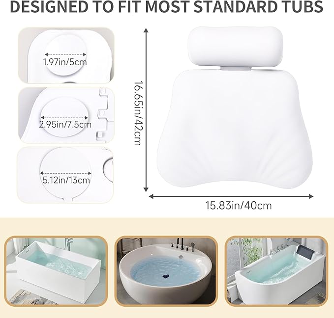 4D Silicone Bath Pillow for Tub, Upgraded Adjustable Bathtub Pillow Head Neck Back Support with Suction Cups, Quick-Dry and Non-Slip Bath Pillow Luxury Bathtub Pillow, Spa Gifts for Women, Mom (White)