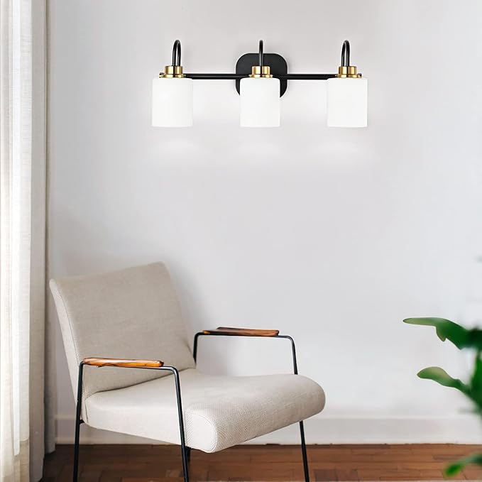 Mid Century Modern Matte Black and Gold 3 Lights Milky Glass Wall Light Fixture for Bathroom Modern Bathroom Vanity Lights Over Mirror(Exclude E26 Bulb)