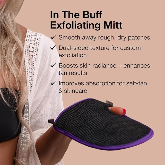 Fake Bake In The Buff Exfoliating Mitt - Washable Reusable Self Tanner Lotion, Spray or Foam Prep Glove for Buffed Tan-Ready Skin - Dead Skin Remover, Buffer, Smoother - 1 Professional Mitt
