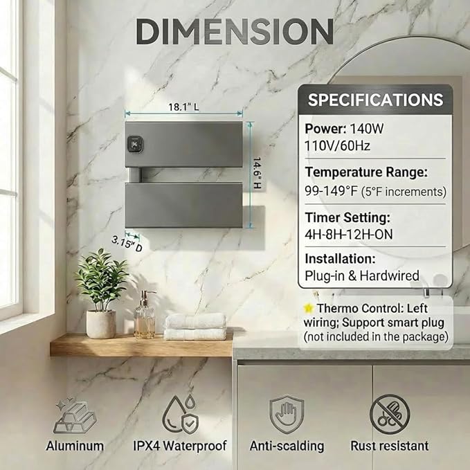 Electric Towel Warmer, Heated Towel Rack with Thermo Control and Timer, Fast Heating Towel Rail for Bathroom with Memroy Function, Work with Smart Plug, Left-Wiring, 2 Panel, Gun Gray