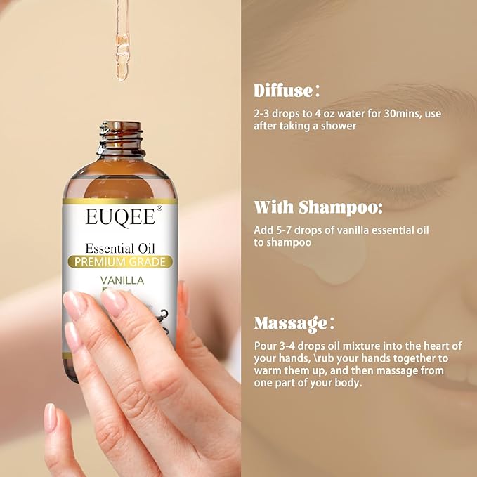 EUQEE 118ml Vanilla Essential Oil, Pure Vanilla Fragrance Essential Oil for Diffuser, Massage, DIY Soap,Candle Making, Skin & Hair Care - 4.0 Fl Oz
