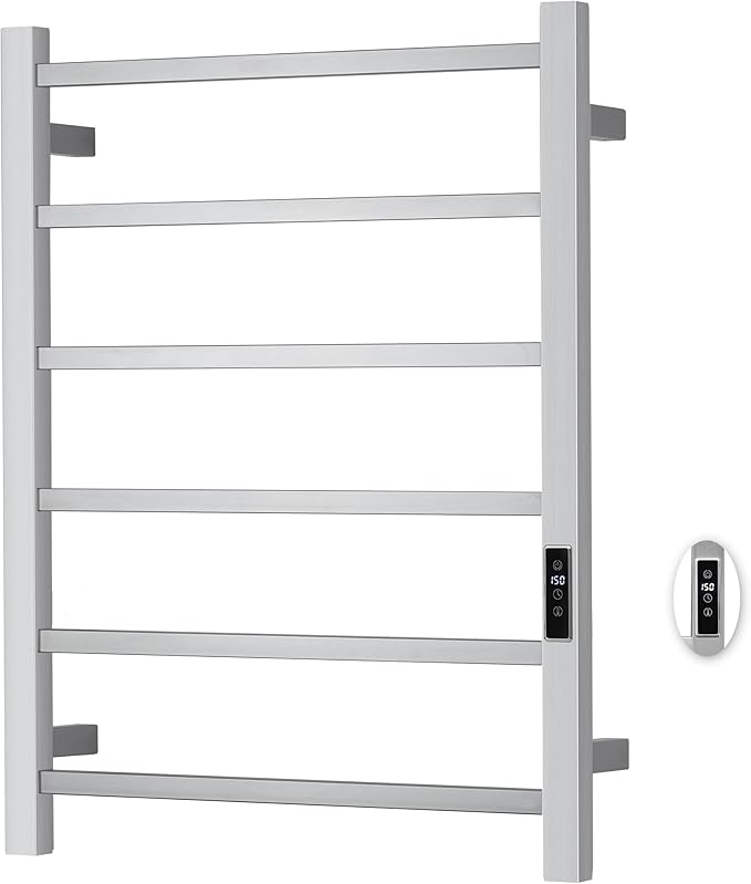 Heated Towel Racks for Bathroom, Wall Mounted Electric Towel Warmer Racks with Timer & Temperature Control, Stainless Steel Towel Heater for Bathroom (Square-Brushed 6 Bars)