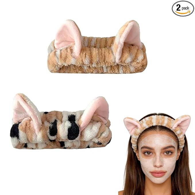 2 PCS Cute Cat Ear Spa Headband For Washing Face, Skincare Makeup Headbands For Women, Soft Coral Fleece Hair Accessories (Yellow+Leopard)