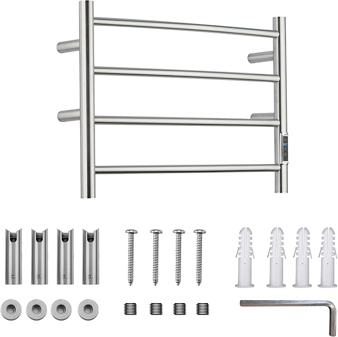 Heated Towel Racks for Bathroom, Wall Mounted Electric Towel Warmer Racks with Timer & Temperature Control, Stainless Steel Towel Heater for Bathroom, Brushed (Round-Brushed Silver, 4 Bars)