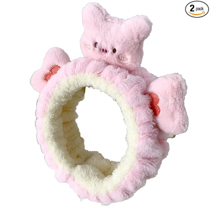 PERFECTSIGHT 2 Pack Cute Animal Headbands for Makeup Wash Shower Adjustable Elastic Hair Band for Girls and Women (Pink Piggy)