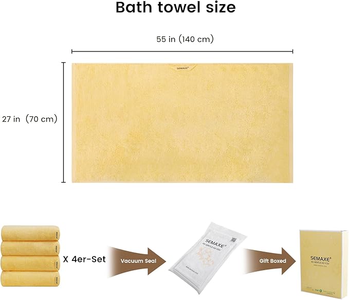 SEMAXE 4 Piece Yellow Bath Towel Set for Bathroom, 100% Cotton Bath Towels with Hanging Loop, 55 x 27 Inch, Soft Absorbent & Quick Dry, for Home