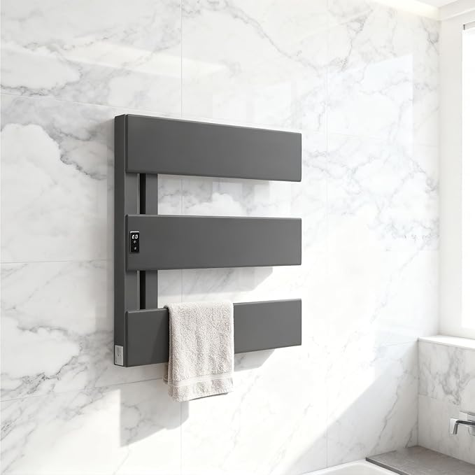 Verida Towel Warmer Rack, Support Hardwired and Plug-in, Wall-Mounted Electric Towel Heater, with Built-in Timer, Waterproof Aluminum Towel Warmer for Bathroom, LV-1S Gray