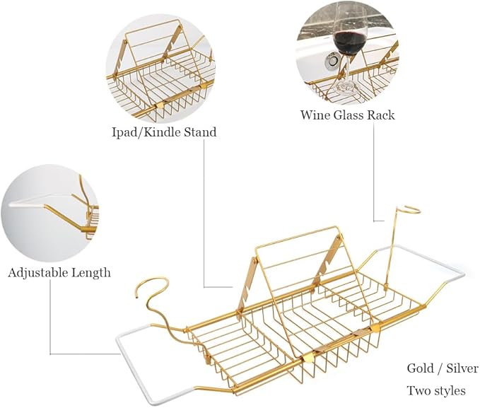 PLKO Bathtub Tray,Stainless Steel Shower Bathtub Caddy Tray with Removable Book Holder Red Wine Rack Holder, for Home Kitchen Bathroom,Gold