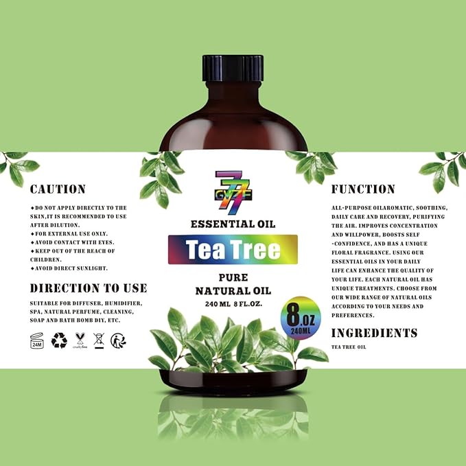 Tea Tree Essential Oil - GV77ZF Tea Tree Oils for Diffusers, Humidifiers, DIY Candles, Soap, Cleaning, Home, Office, Yoga, Massage, Gifts - 8 fl oz (240 ml)